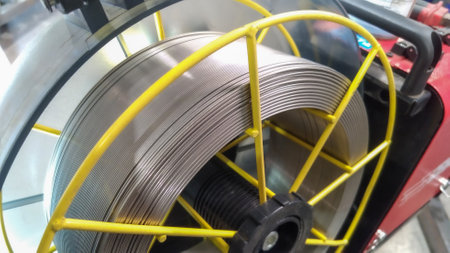 Stainless steel wire coil mounted on the welding machine.の写真素材