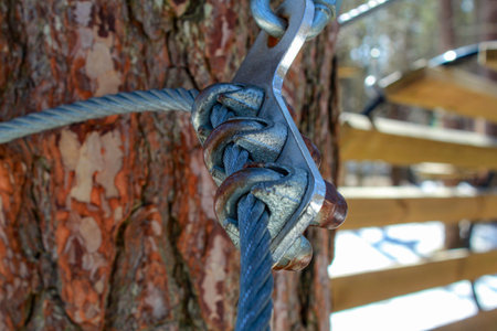 Fastening elements of the cable made of galvanized steel, couches, clamps. Fastening system for the rope park.の写真素材