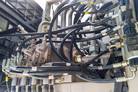 Hydraulic system of crane, hydrocompressor, high-pressure hoses.の写真素材