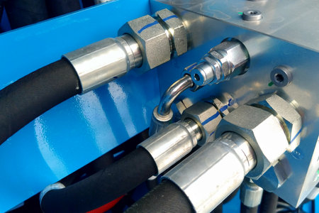Hydraulic hoses of high pressure hydraulic system of the lift.の写真素材