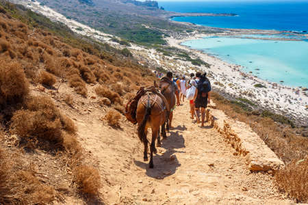 View of people and donkeys carrying bags and going to Balos lagoon. Crete.の写真素材