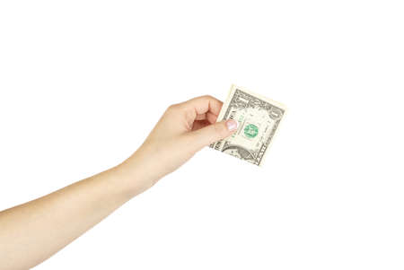Isolated female's hand holds one dollar on white background.