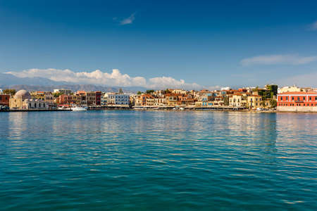Crete island, Chania, Greece - September 06, 2016. View of the port of Chania from the seaside.のeditorial素材