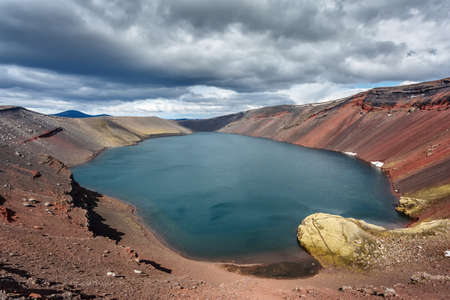 View of lake Ljotipollur in crater of volcano in Icelandの写真素材