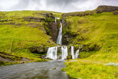 View of Gluggafoss waterfall and the river in Icelandの写真素材
