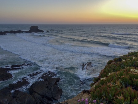 Foaming waves, Atlantic waters, sunset, rocks by the sea, coastal line, twilight, plantsの写真素材