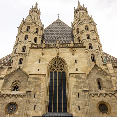 Gothic cathedral, medieval gothic christian cathedral, restoration work, cloudy weatherのeditorial素材