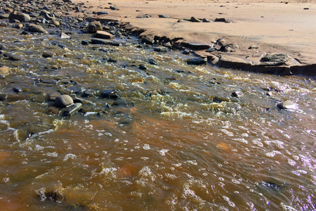 stream with muddy waters, fast flow, sandy shoreの写真素材