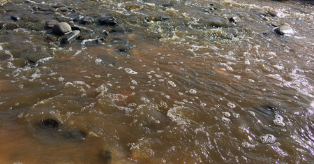 stream with muddy waters, fast flow, sandy shoreの写真素材