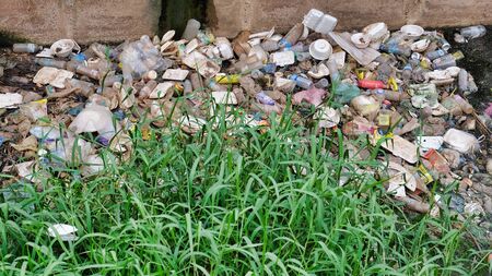 Cambodia, Siem Reap 12/08/2018 a garbage dump in a city water canal, a lot of garbage,