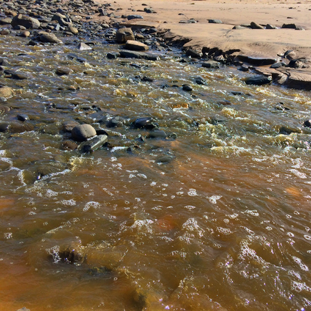 stream with muddy waters, fast flow, sandy shoreの写真素材