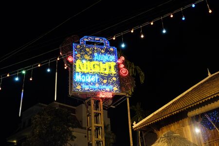Siem Reap, Cambodia, December 09/2018 neon sign of the night market in asia, night timeのeditorial素材