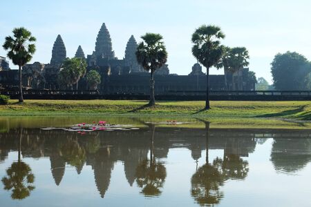 Angkor wat among palm trees reflected in water, Siem Reap, Kingdom of Cambodia.の写真素材