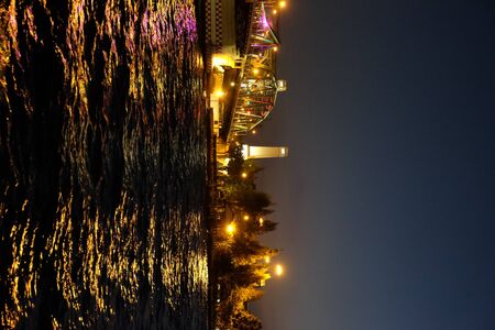 Bridge over the Chao Phraya River at night. Night landscape.の写真素材