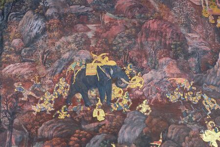 Bangkok, Thailand, December 27, 2018. Wall paintings of a fighting elephant from the Temple of the Emerald Buddha.のeditorial素材
