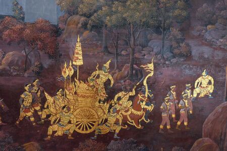 Bangkok, Thailand, December 27, 2018. Drawings from an ancient Buddhist monastery depicting battle scenes from the Ramayana.のeditorial素材