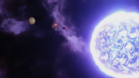 Big bright blue star. Cosmic landscape. Illustration.