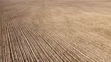 Arable field, aerial view. Landscape. Agricultural field as a background.
