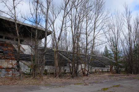 An abandoned football stadium in Pripyat. Overgrown with trees ruins of the stadium.の写真素材