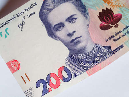 Banknote of 200 hryvnia, close-up. Portrait of poetess Lesya Ukrainka.