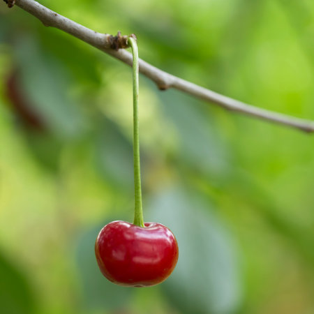 One ripe cherry on a blurry background. Red berry close-up.の写真素材