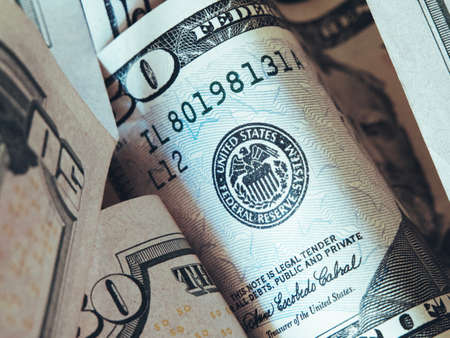 Banknotes with a face value of 50 dollars close-up. American paper money.