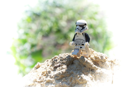 Chernihiv, Ukraine, July 13, 2021. A plastic minifigure of a Star Wars character. Imperial stormtrooper close-up. Illustrative editorial.のeditorial素材