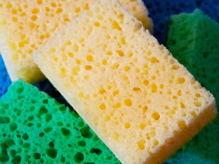 A few colorful sponges, a close-up shot.の写真素材