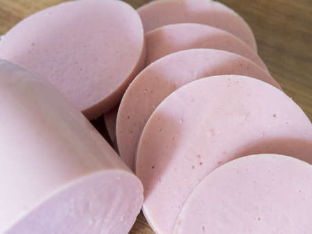 Boiled sausage cut into pieces, a close-up shot.の写真素材