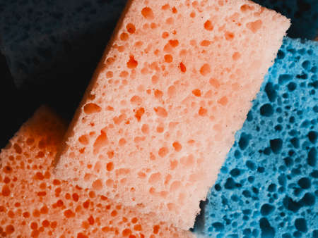 A few colorful sponges, a close-up shot.の写真素材