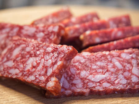 Lots of sausage slices, a close-up shot.の写真素材