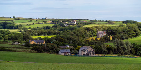 A small European village among green fields and trees. Farmhouses in Ireland. Picturesque agricultural landscape. Green fields under a blue sky, houses on green grass field.の写真素材