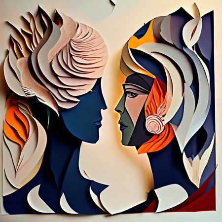 The abstract faces of people looking at each other. Male and female heads looking with colorful patterns of the Universe on the subject of internal reality, unity of life. Created with generative AIの素材