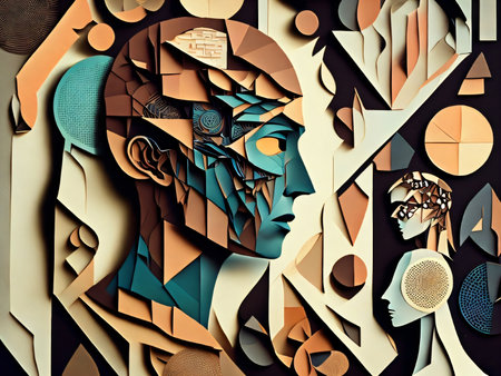 Multicolored abstract image of a human head. Emergence of the Mind. Background with human head on the subject of general artificial intelligence and modern technology. Created with generative AI toolsの素材