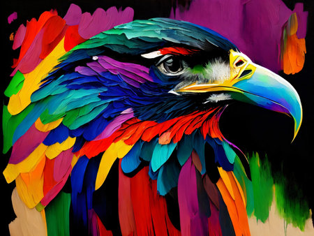 Multicolored close-up image of an eagle's head. animal paint. Eagle portrait in multicolor paint on subject of imagination, creativity and abstract art. Created with generative AI tools.の素材