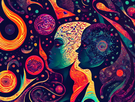 Multicolored abstract images of faces looking in one direction. Internal Puzzle concept illustration with colors, a human profiles and fragmented geometry. Created with generative AI toolsの素材