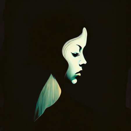 Stylized image of a female face, abstract illustration. Expressive female portrait. Interplay of digital paint strokes related to creative energy in life and art. Created with generative AI toolsの素材