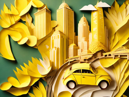 A small car near the skyscrapers. abstract art. Created with generative AI tools.の素材