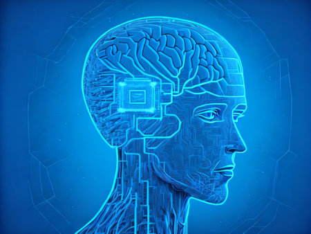 artificial intelligence. Human head outline with circuit board inside. Technology and engineering concept. technology web background. Created with generative AI toolsの素材