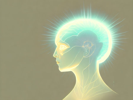 Concept of mindfulness and mental activity. Human face and elements with metaphorical relationship to mind, reason, thought, mental powers and mystic consciousness. Created with generative AI toolsの素材