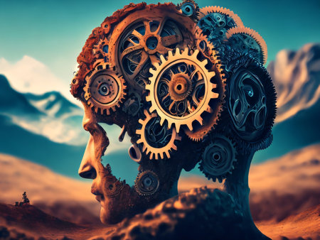 Accumulation of gears in the human head. Abstract elements as a metaphor on the subject of intelligence, logical thinking, mental processes and brain power. Created with generative AI toolsの素材