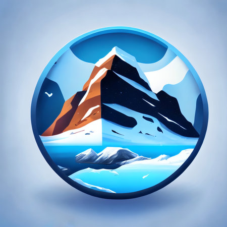 Winter landscape with glaciers. Beautiful winter snow background. Antarctica landscape and view. Arctic illustration with snow mountains. Created with generative AI toolsの素材
