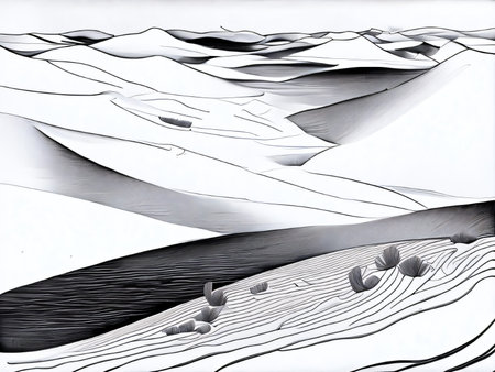 desert landscape. Sunny landscape view remote desert. Desert landscape background illustrarion, design of dunes. Created with generative AI toolsの素材