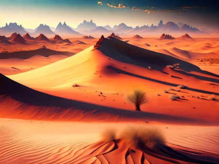 desert landscape. Sunny landscape view remote desert. Desert landscape background illustrarion, design of dunes. Created with generative AI toolsの素材