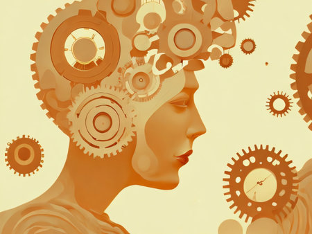 Accumulation of gears in the human head. Abstract elements as a metaphor on the subject of intelligence, logical thinking, mental processes and brain power. Created with generative AI toolsの素材