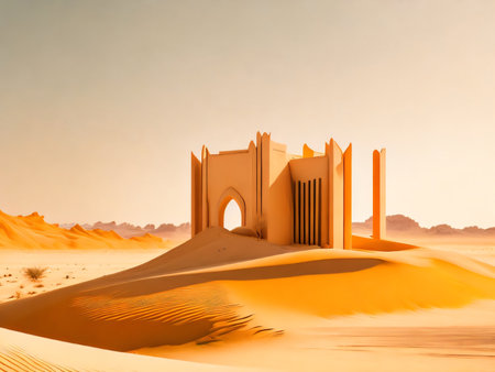 desert landscape. Sunny landscape view remote desert. Desert landscape background illustrarion, design of dunes. Created with generative AI toolsの素材