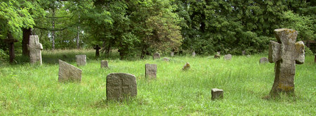 An ancient Christian cemetery with stone tombstones in Ukraine, Pereyaslav.の写真素材