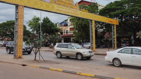 Siem Reap, Cambodia, December 8, 2018. Cars move along the road in the Cambodian city of Siem Reap. road traffic.のeditorial素材