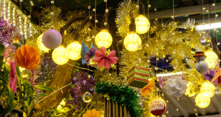 Festive Christmas lanterns and toys, Christmas decorations.の写真素材