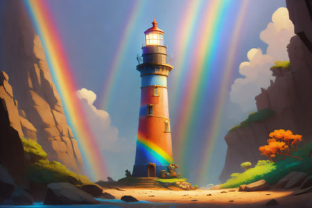 The lighthouse emits a rainbow light, a concept of hope, joy and diversity. Created with generative AI toolsの素材